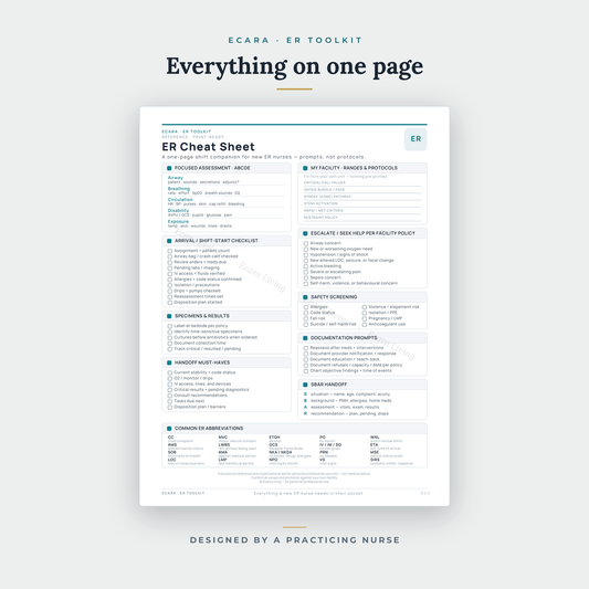 ER Cheat Sheet — 1-Page Shift Reference | New Nurse Printable PDF