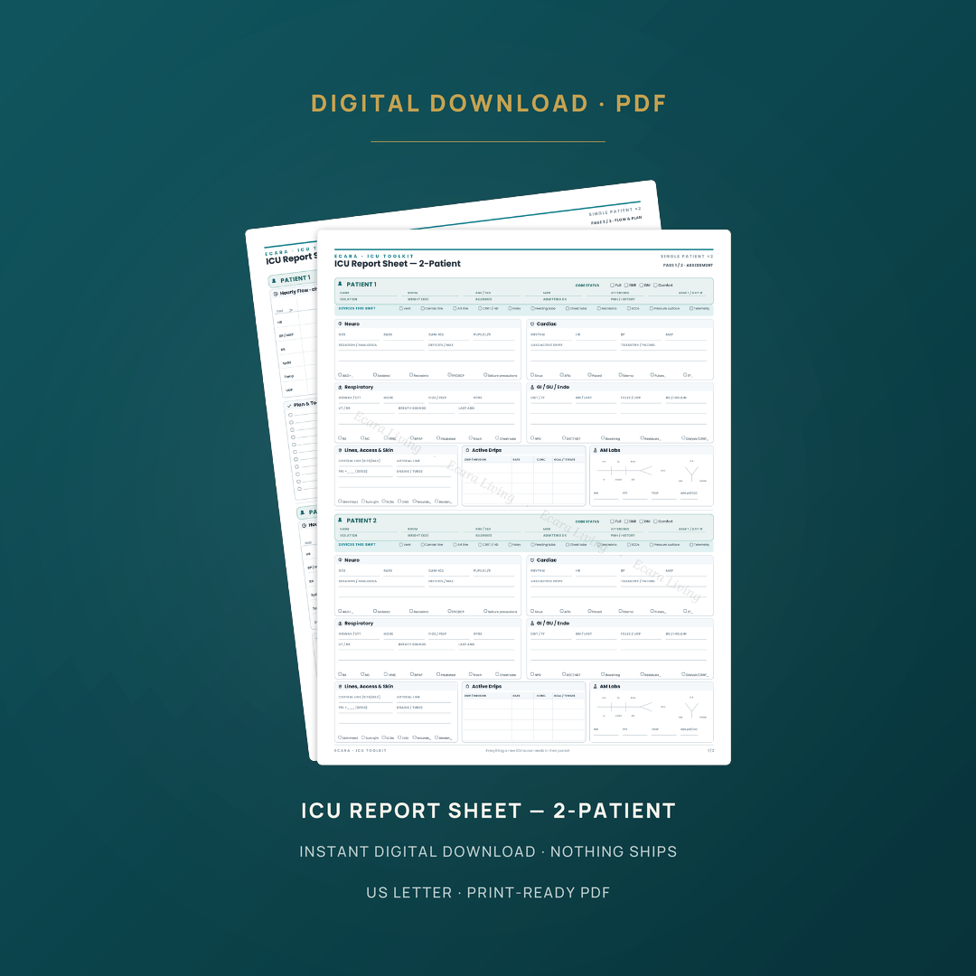 ICU Report Sheet — 2 Patients | Nurse Brain Sheet Printable PDF