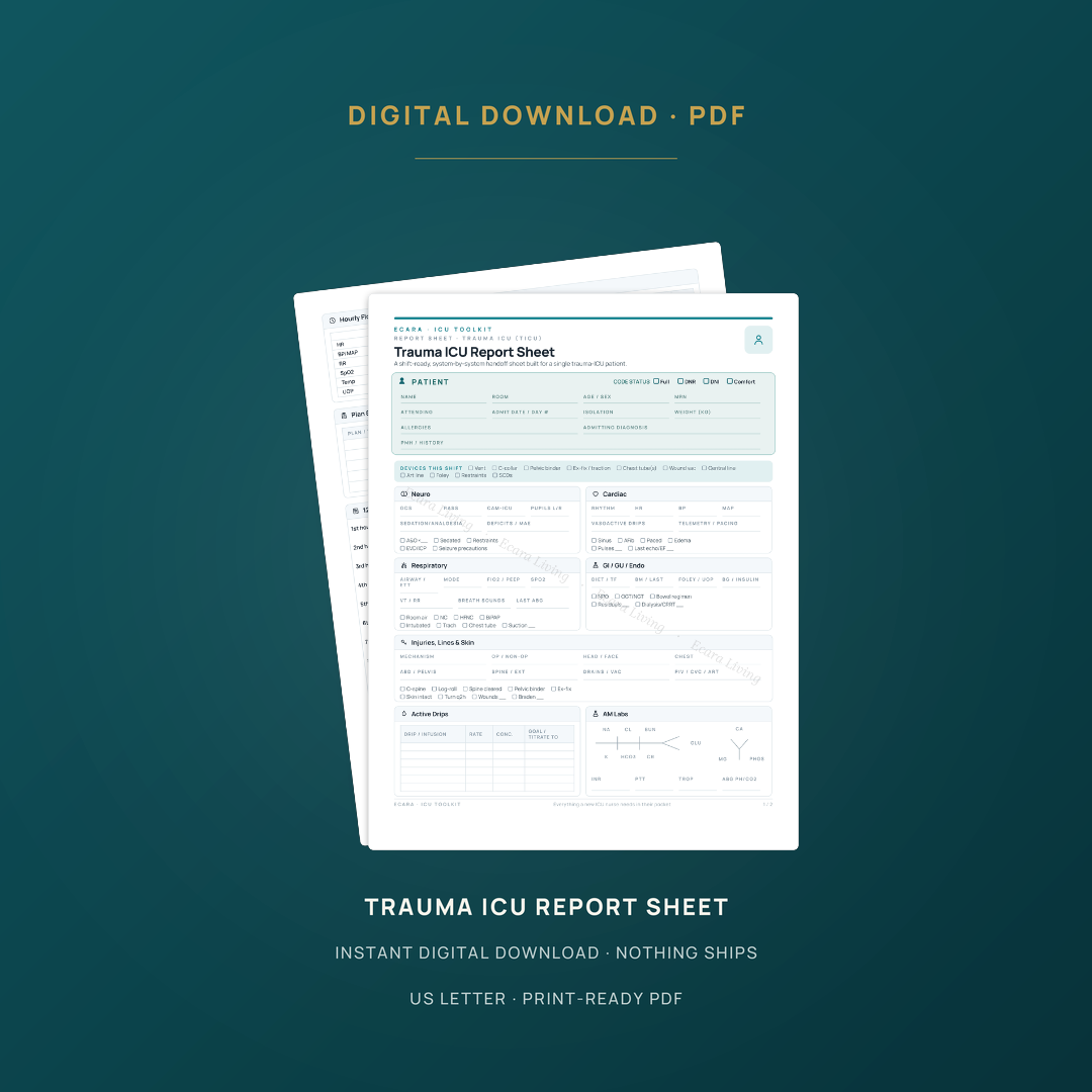 Trauma ICU Report Sheet — Single Patient | Nurse Brain Sheet Printable PDF