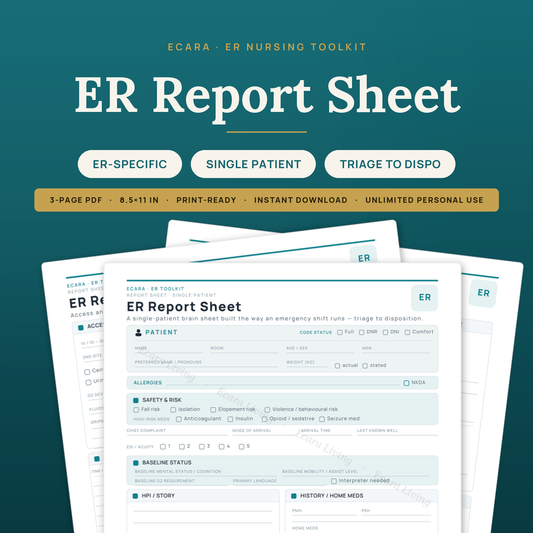 ER Report Sheet — Single Patient | Nurse Brain Sheet Printable PDF