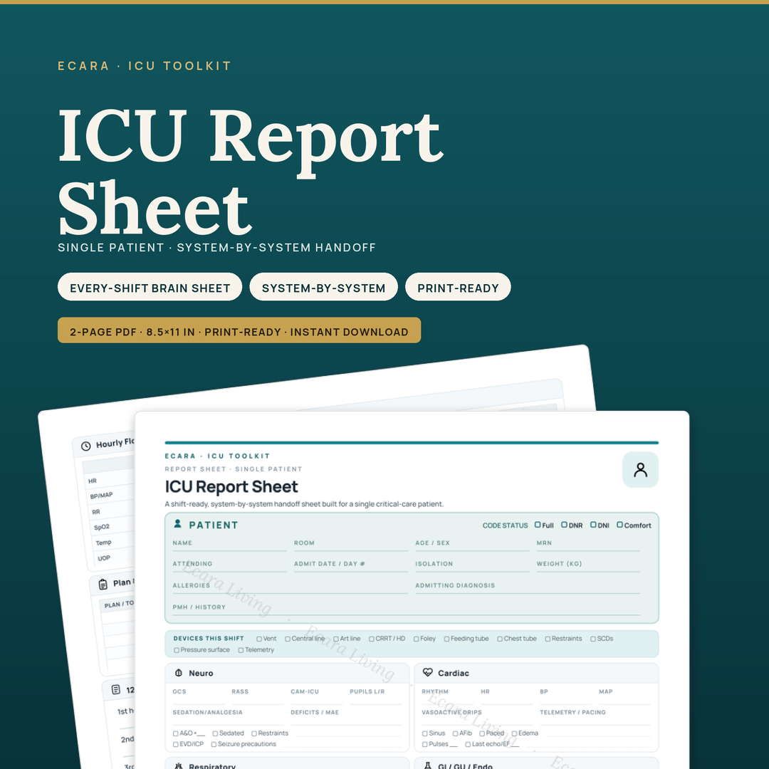 ICU Report Sheet — Single Patient | Nurse Brain Sheet Printable PDF