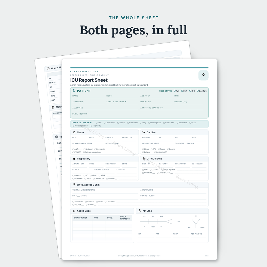 ICU Report Sheet — Single Patient | Nurse Brain Sheet Printable PDF