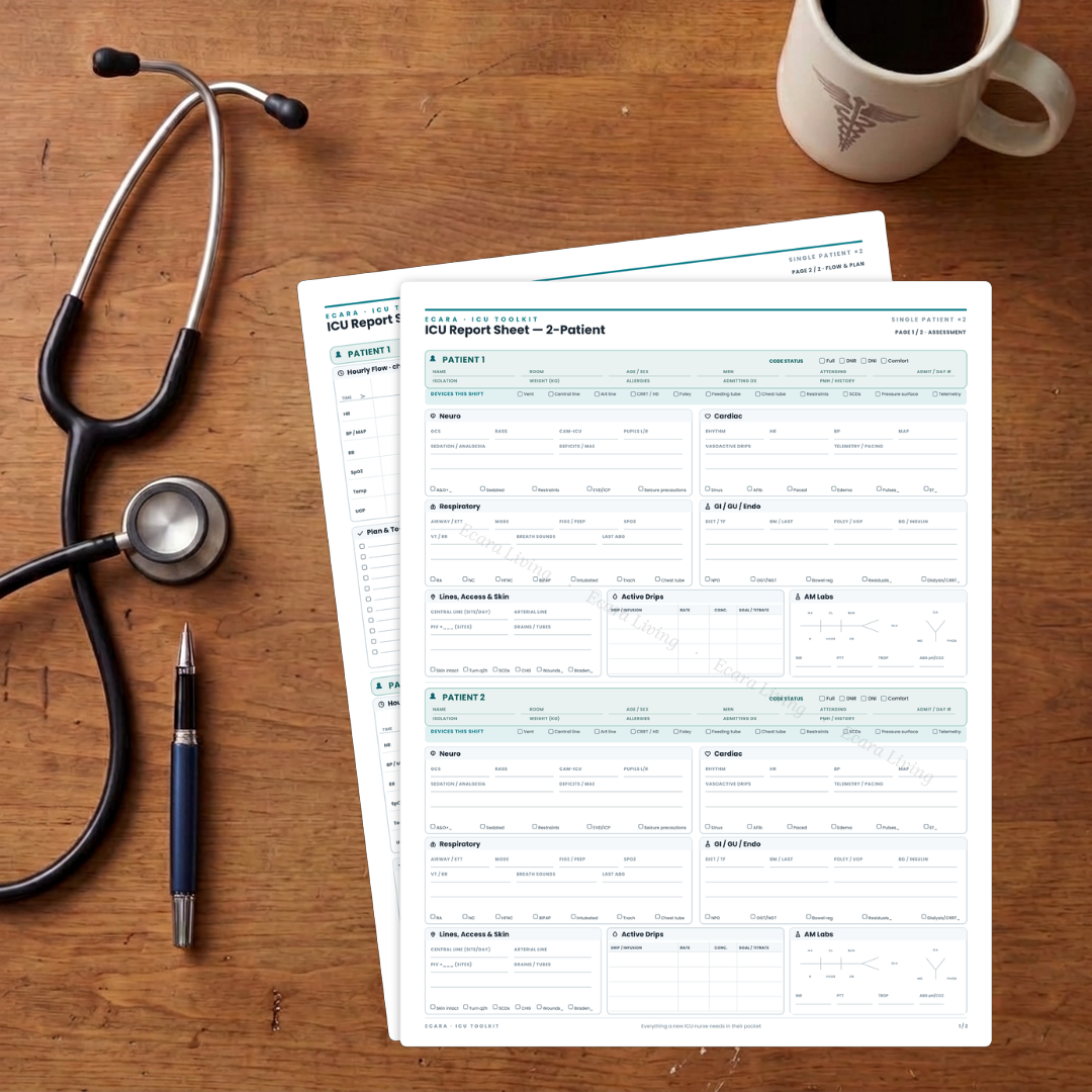 ICU Report Sheet — 2 Patients | Nurse Brain Sheet Printable PDF