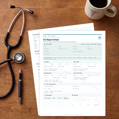 ICU Report Sheet — Single Patient | Nurse Brain Sheet Printable PDF