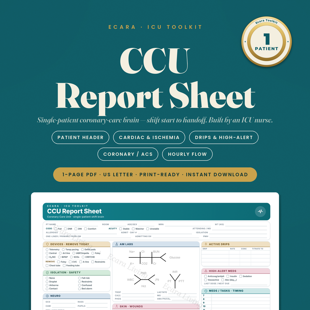 CCU Report Sheet — Single Patient, 1-Page Compact | Coronary Care Nurse Brain Sheet Printable PDF
