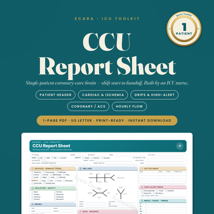 CCU Report Sheet — Single Patient, 1-Page Compact | Coronary Care Nurse Brain Sheet Printable PDF