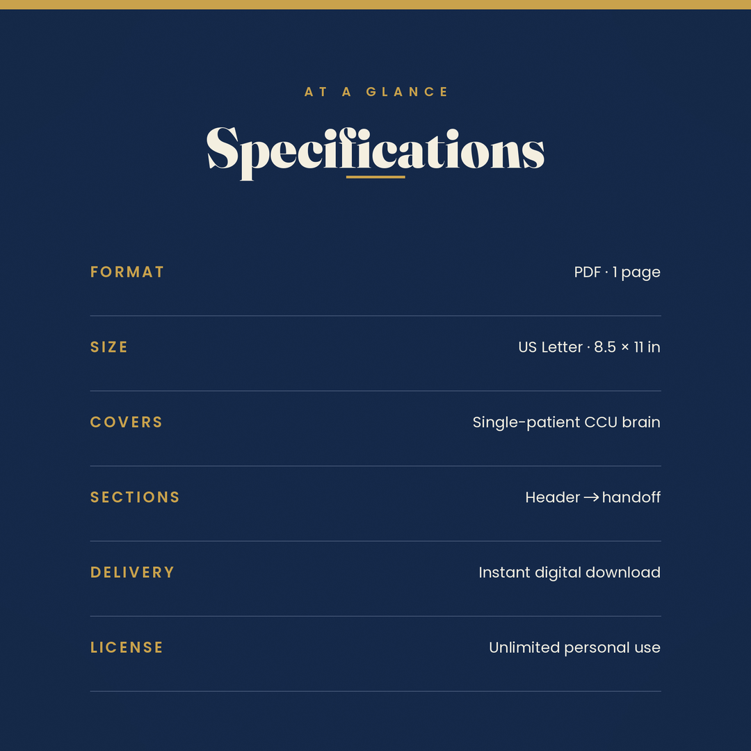 CCU Report Sheet — Single Patient, 1-Page Compact | Coronary Care Nurse Brain Sheet Printable PDF