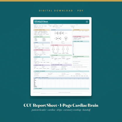 CCU Report Sheet — Single Patient, 1-Page Compact | Coronary Care Nurse Brain Sheet Printable PDF