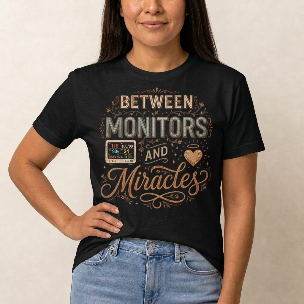 Between Monitors & Miracles ICU Nurse T-shirt