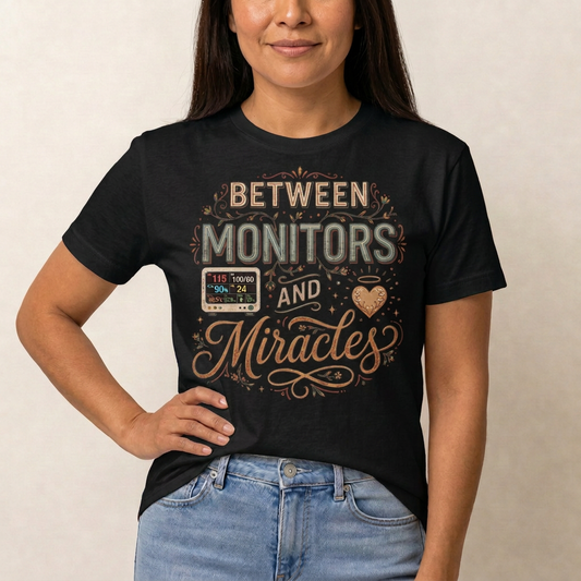 Between Monitors & Miracles ICU Nurse T-shirt