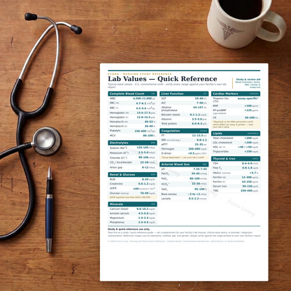 Nursing Lab Values Cheat Sheet — Quick Reference | Nurse Study Guide Printable PDF