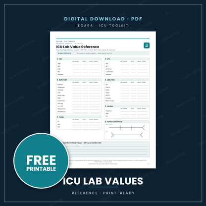 ICU Lab Value Reference Sheet — Printable PDF (Free Download)