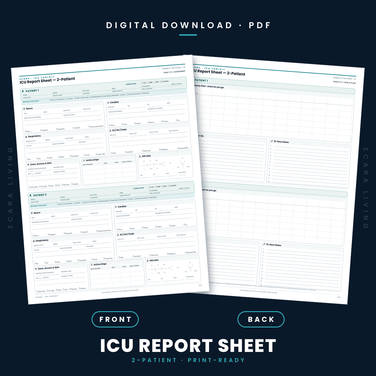ICU Report Sheet — 2 Patients | Nurse Brain Sheet Printable PDF