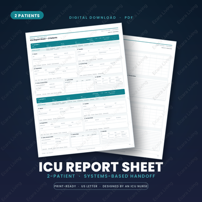 ICU Report Sheet — 2 Patients | Nurse Brain Sheet Printable PDF