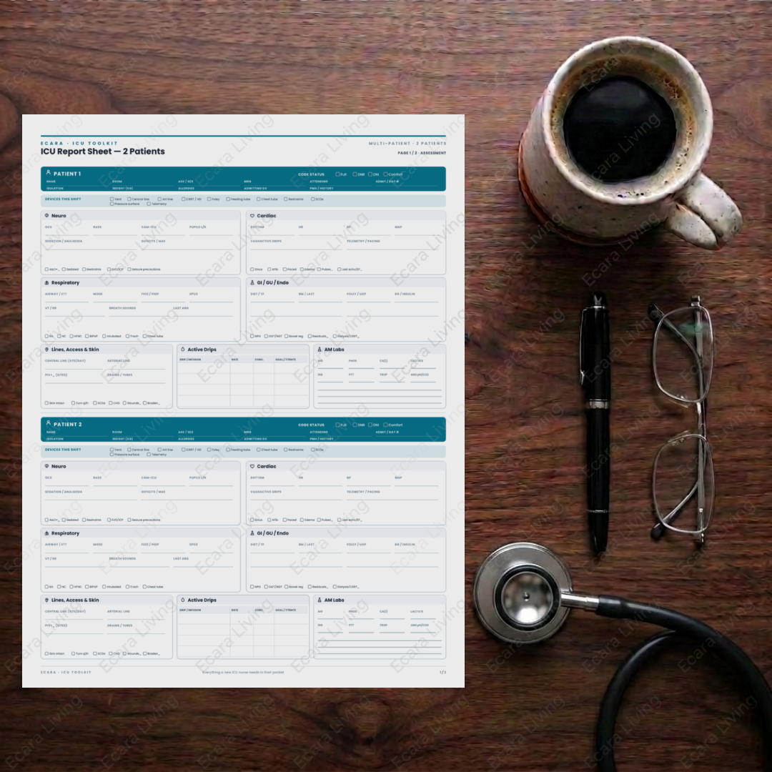 ICU Report Sheet — 2 Patients | Nurse Brain Sheet Printable PDF