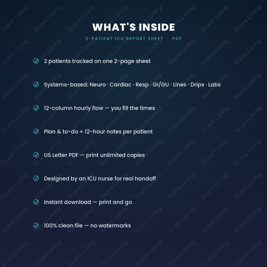 ICU Report Sheet — 2 Patients | Nurse Brain Sheet Printable PDF