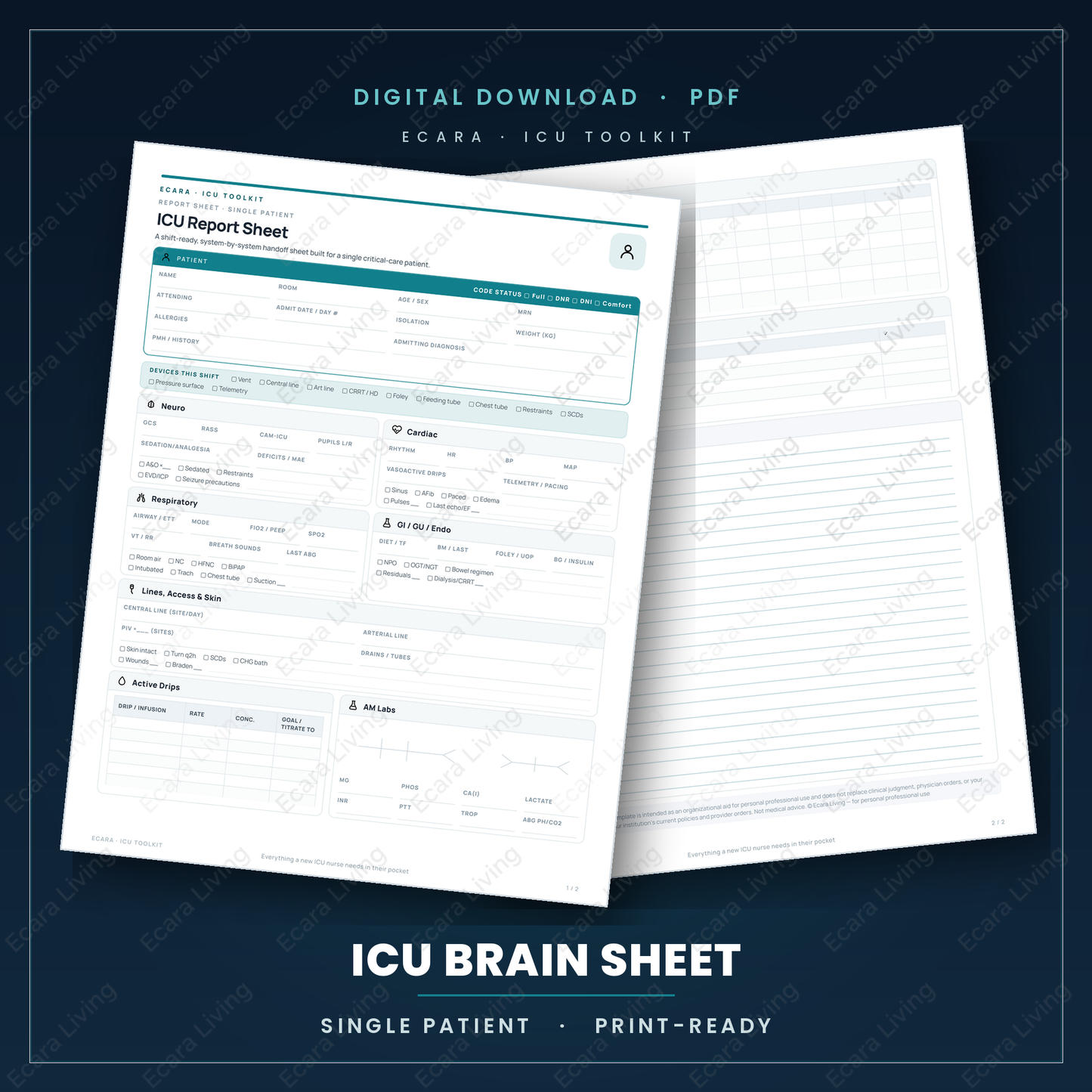 ICU Report Sheet — Single Patient | Nurse Brain Sheet Printable PDF