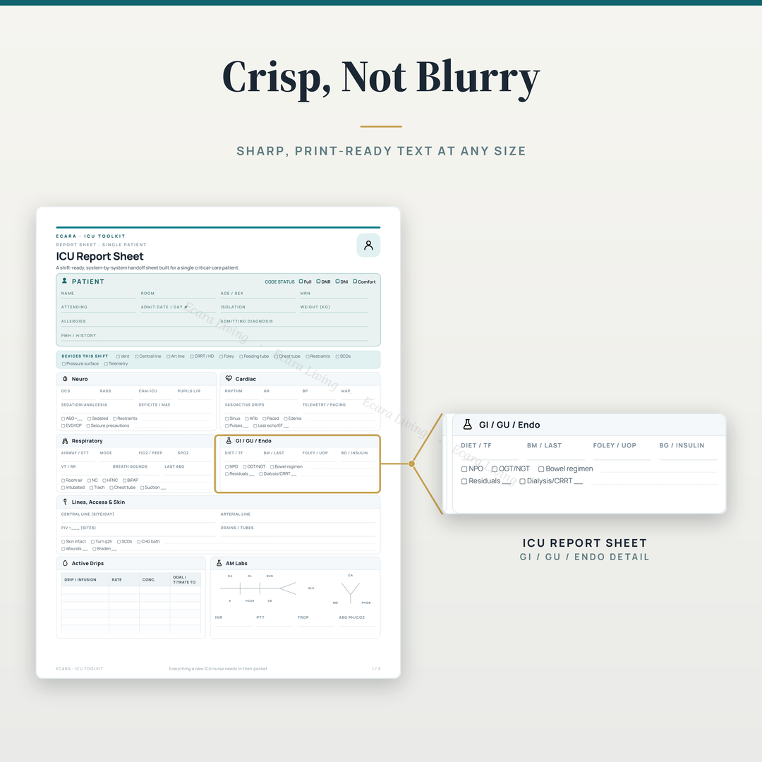 ICU Report Sheet — Single Patient | Nurse Brain Sheet Printable PDF