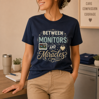 Between Monitors & Miracles ICU Nurse T-shirt