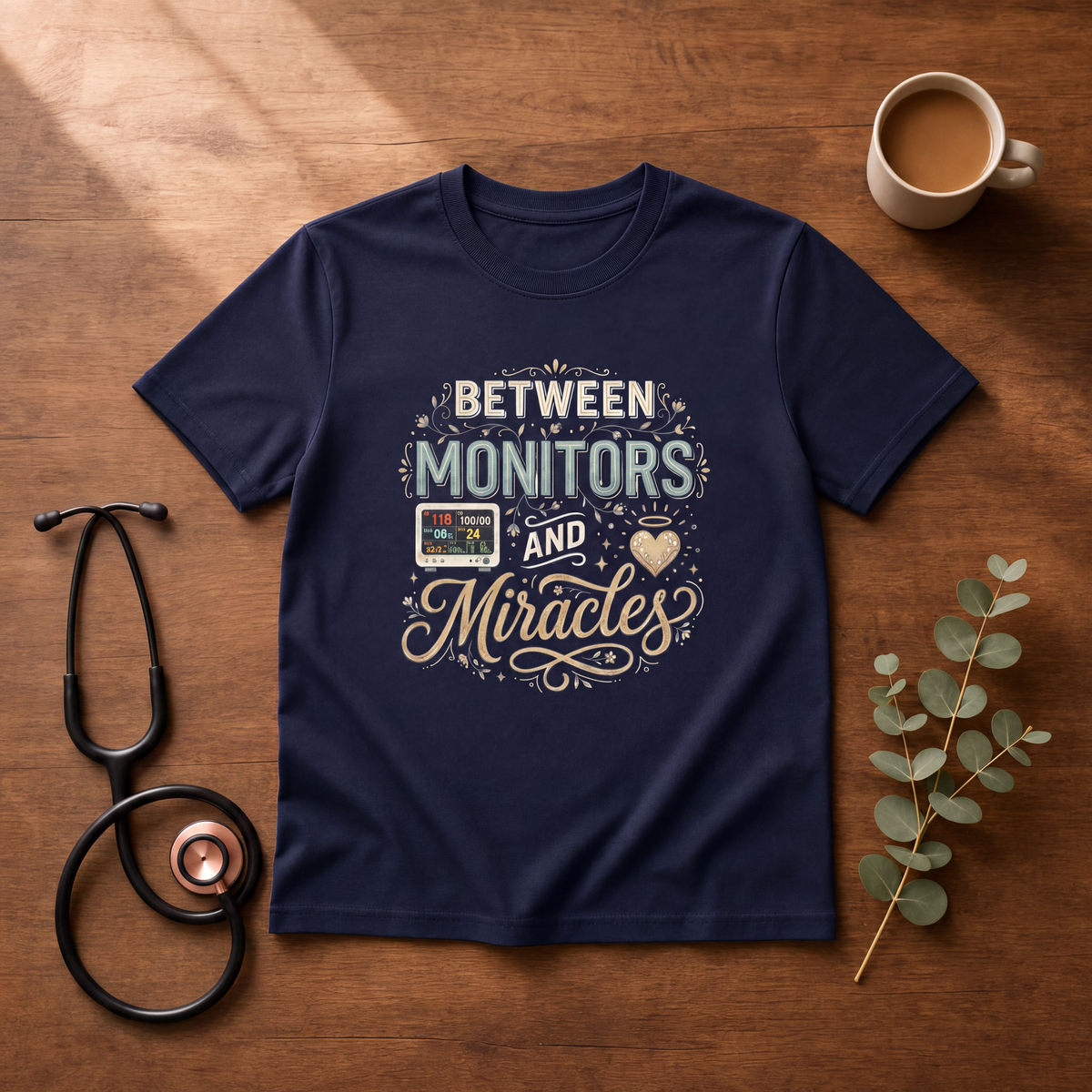 Between Monitors & Miracles ICU Nurse T-shirt