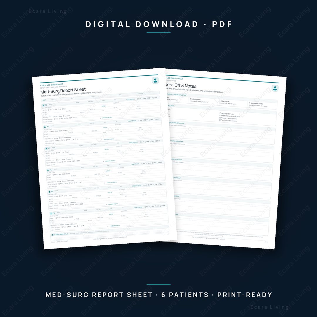 Med-Surg Report Sheet — 6 Patient | Nurse Brain Sheet Printable PDF