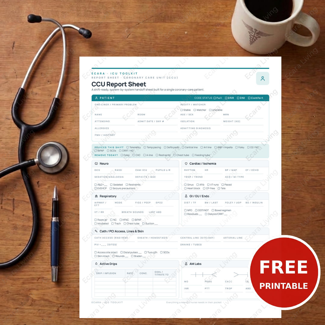 CCU Report Sheet — Coronary Care | Cardiac Nurse Brain Sheet PDF