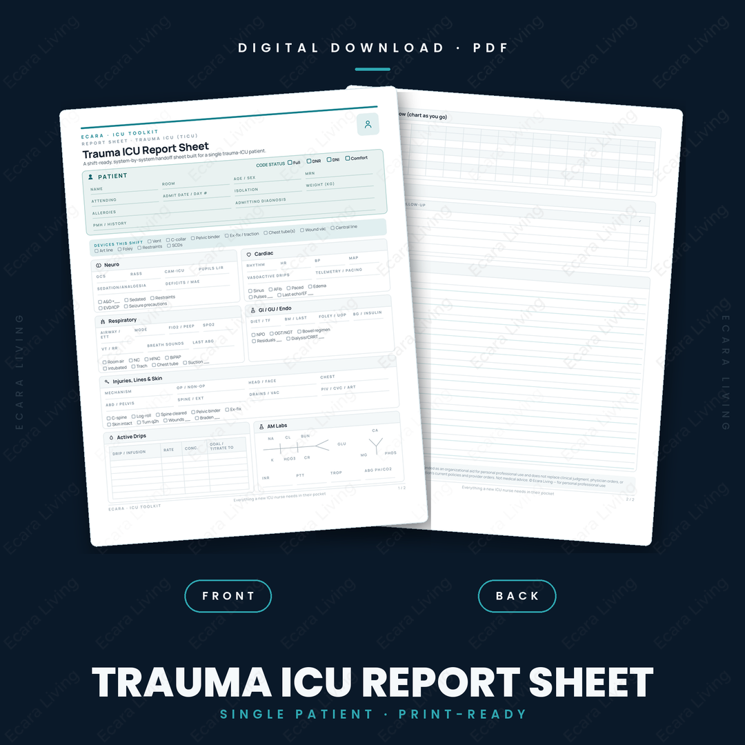 Trauma ICU Report Sheet — Single Patient | Nurse Brain Sheet Printable PDF