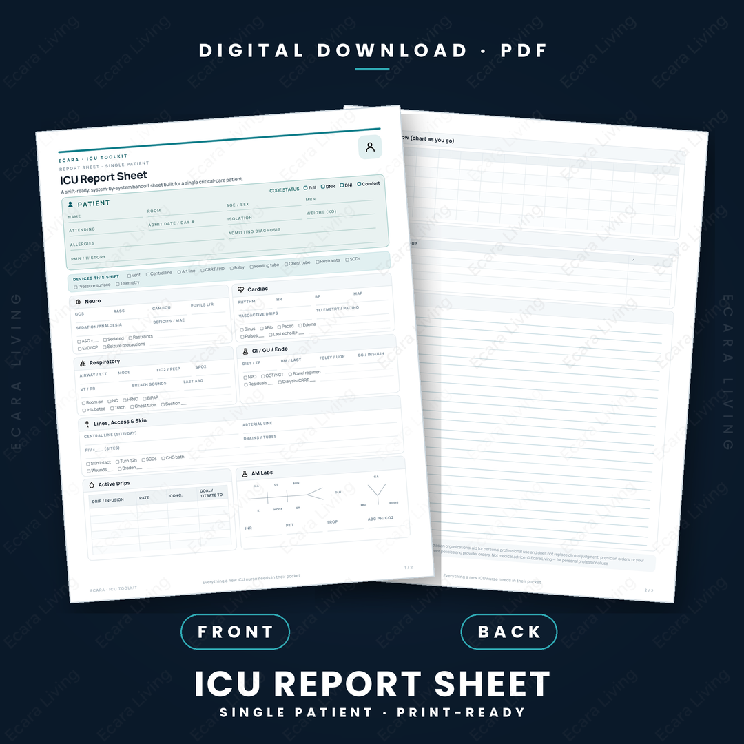 ICU Report Sheet — Single Patient | Nurse Brain Sheet Printable PDF