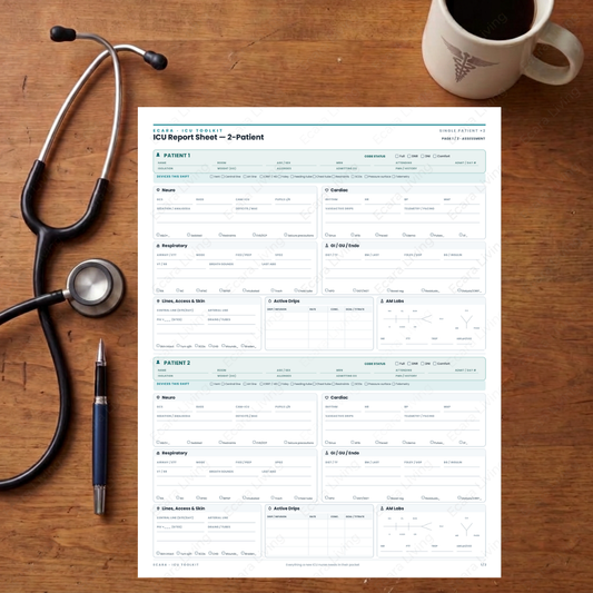 ICU Report Sheet — 2 Patients | Nurse Brain Sheet Printable PDF
