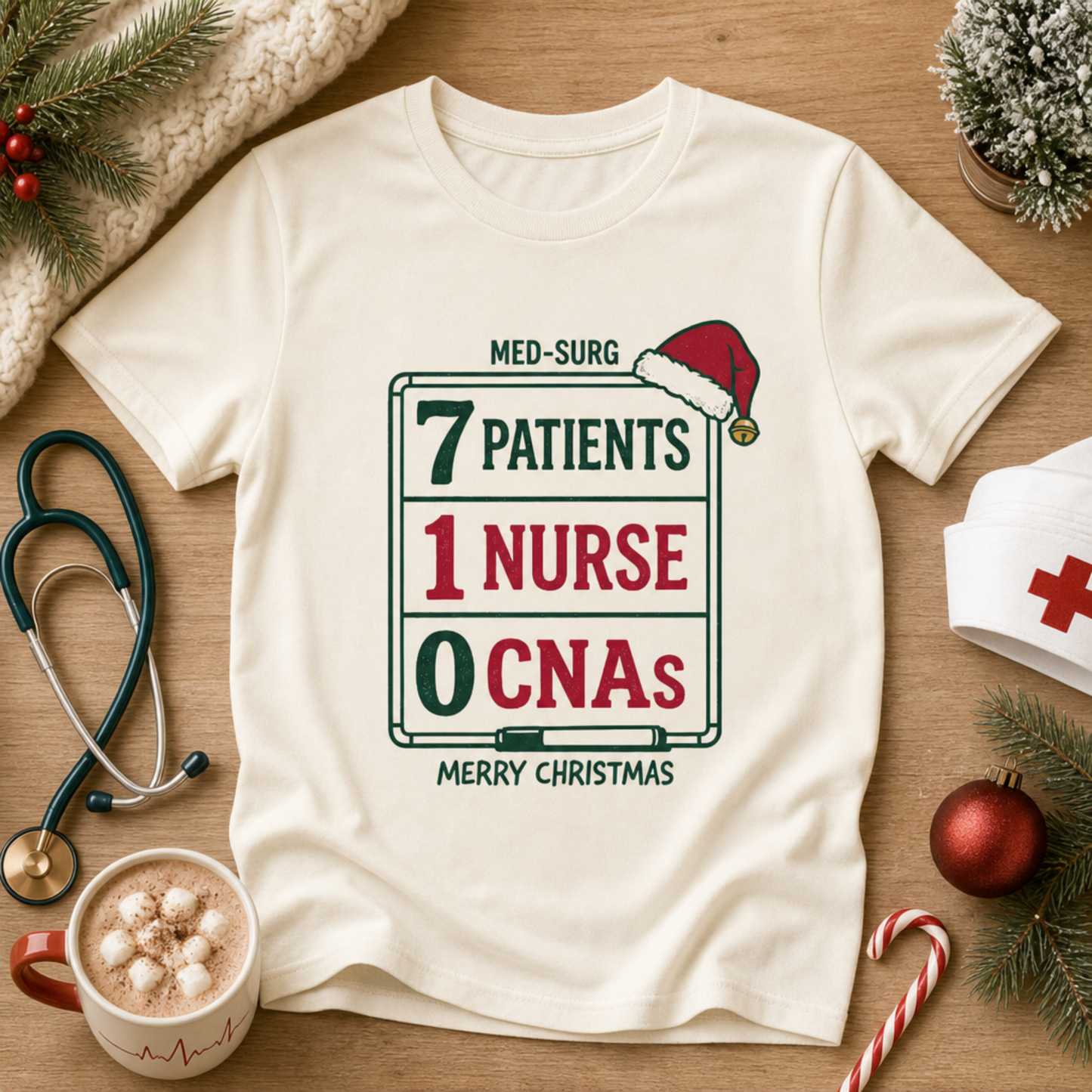 Med-Surg Nurse Christmas 7 Patients 1 Nurse 0 CNAs Funny T-shirt
