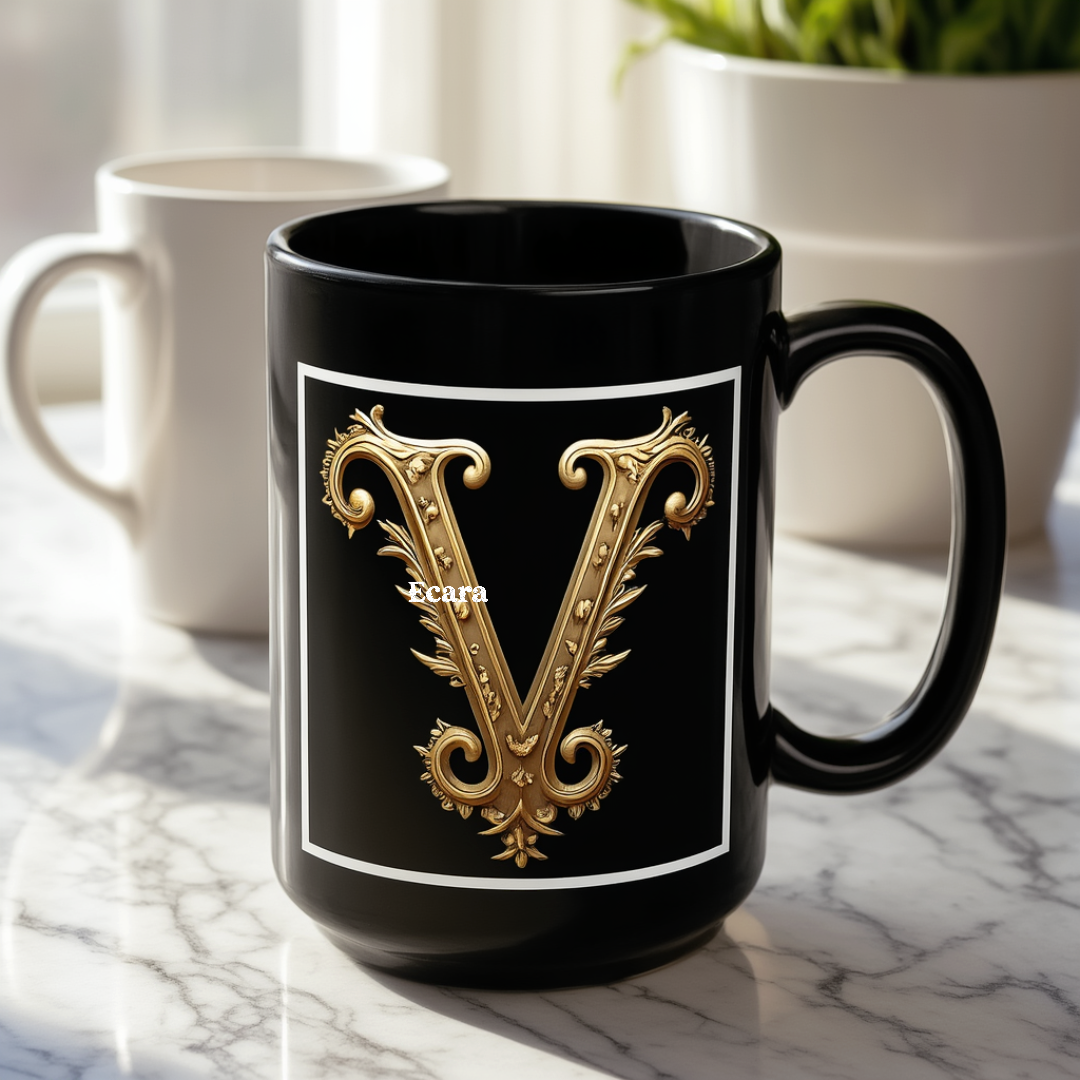 Black Mug with Initial "V"