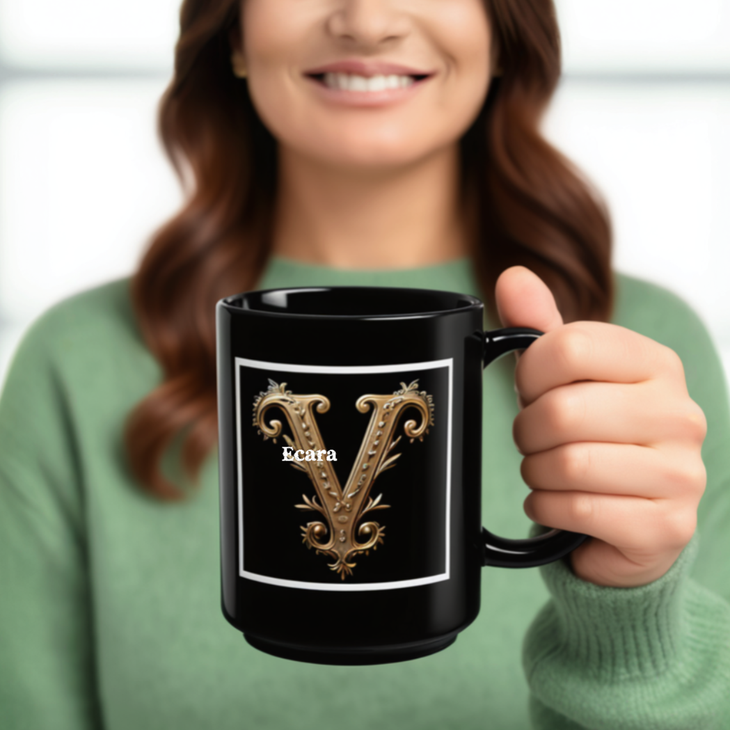 Black Mug with Initial "V"