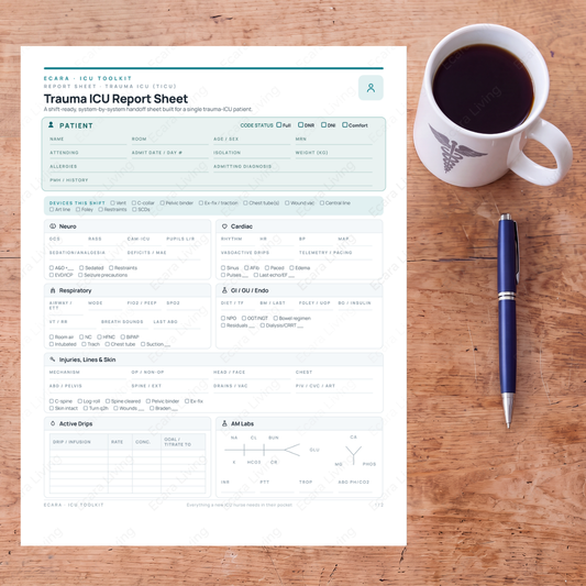 Trauma ICU Report Sheet — Single Patient | Nurse Brain Sheet Printable PDF