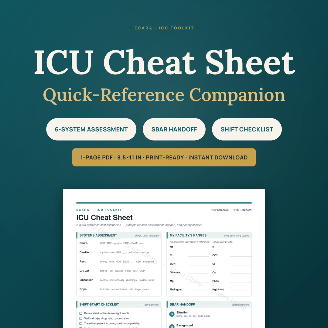 ICU Cheat Sheet — 1-Page Shift Reference | New Nurse Printable PDF