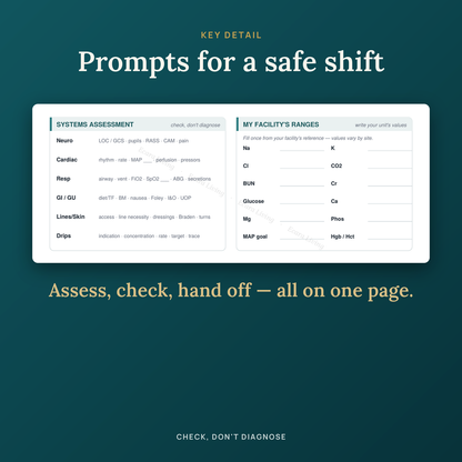 ICU Cheat Sheet — 1-Page Shift Reference | New Nurse Printable PDF