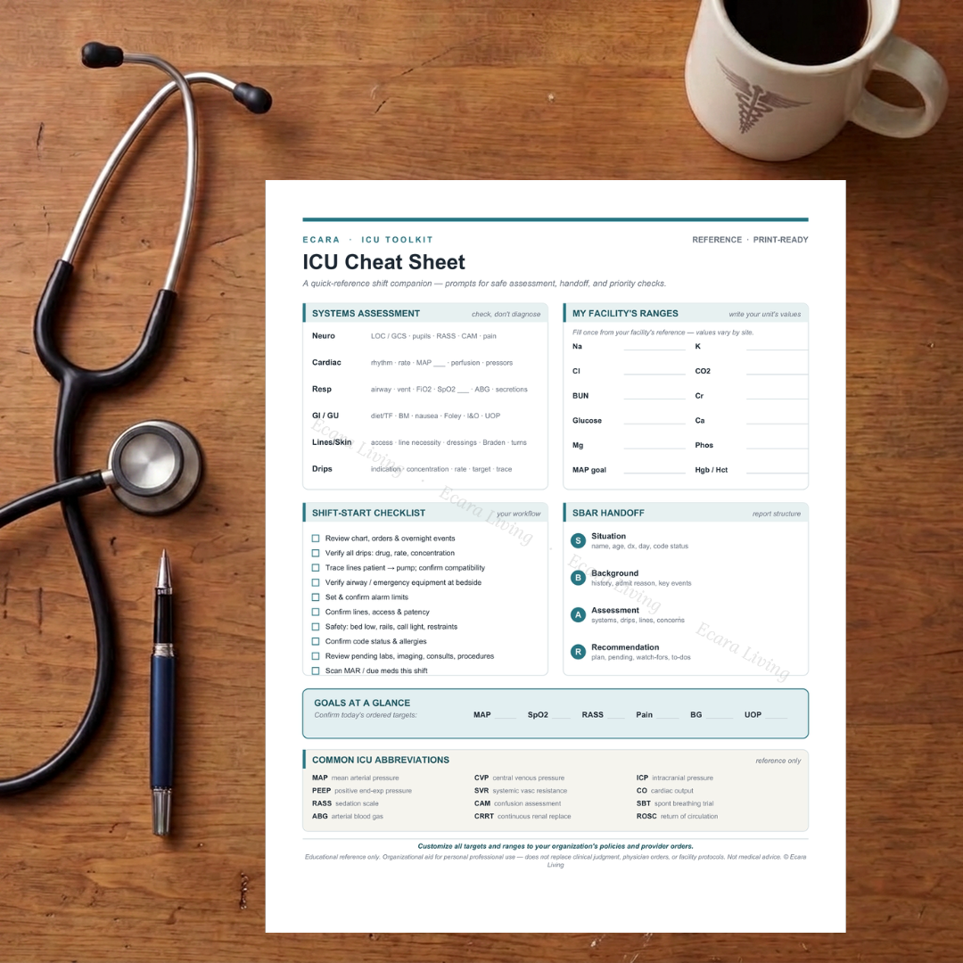 ICU Cheat Sheet — 1-Page Shift Reference | New Nurse Printable PDF