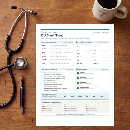 ICU Cheat Sheet — 1-Page Shift Reference | New Nurse Printable PDF
