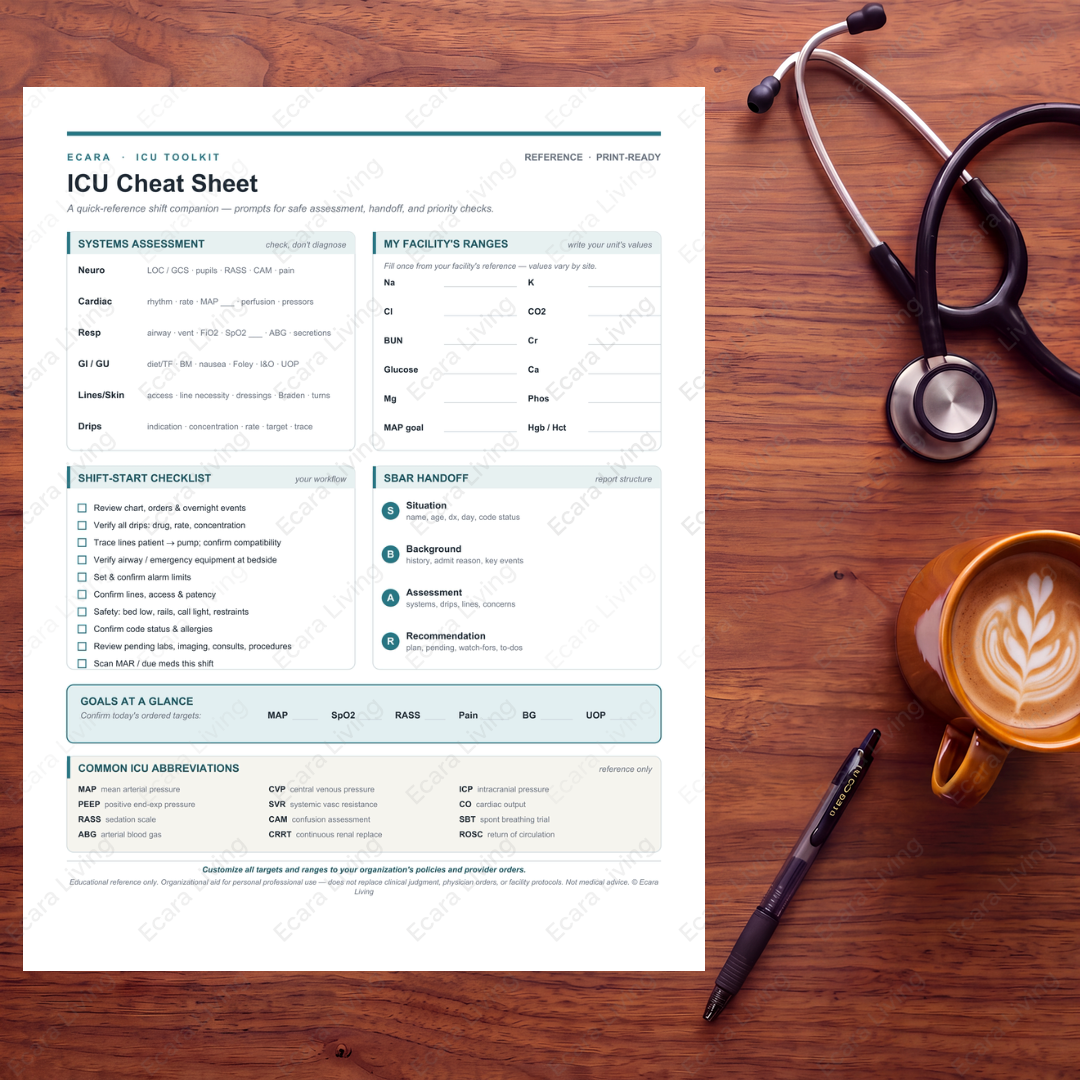 ICU Cheat Sheet — 1-Page Shift Reference | New Nurse Printable PDF