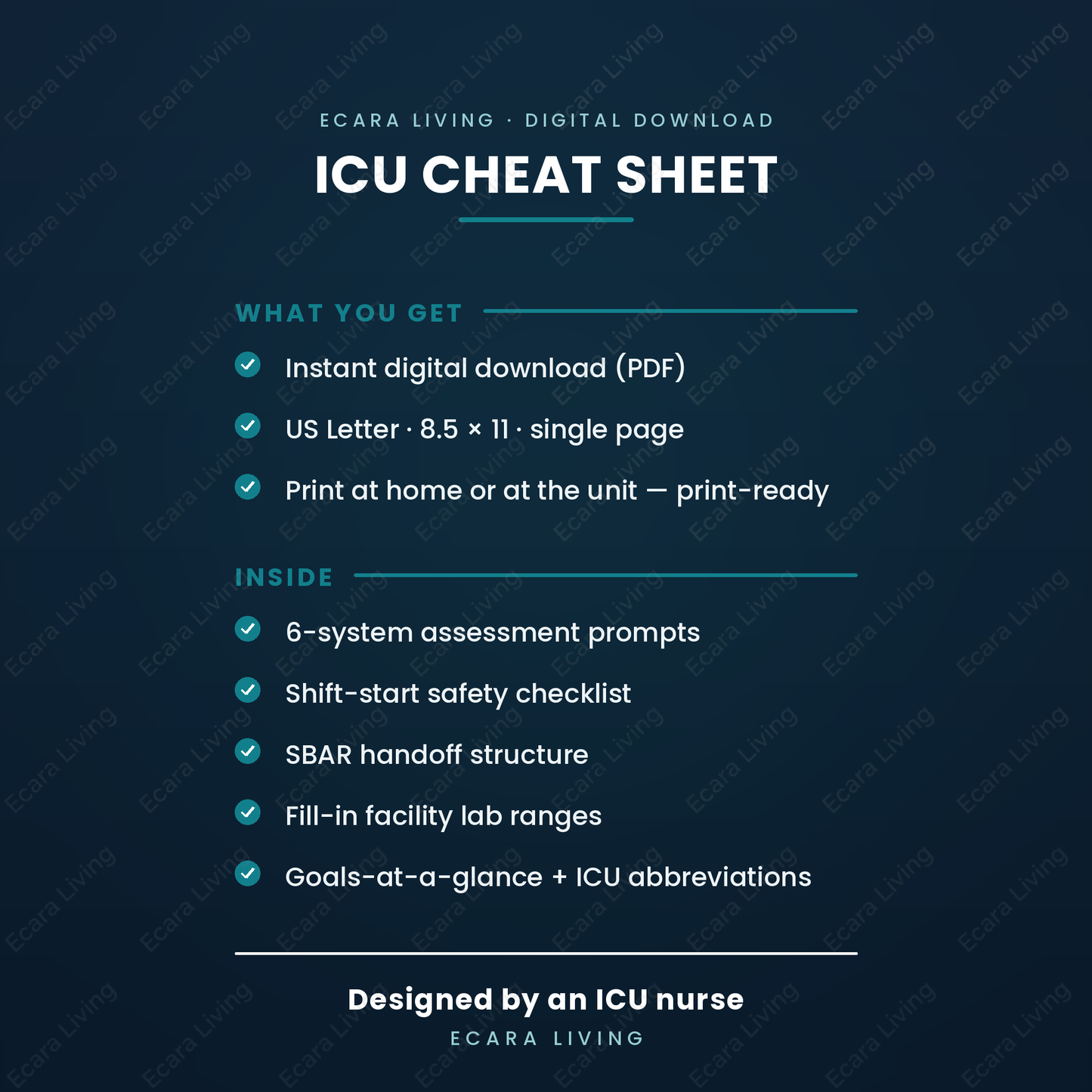 ICU Cheat Sheet — 1-Page Shift Reference | New Nurse Printable PDF