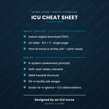 ICU Cheat Sheet — 1-Page Shift Reference | New Nurse Printable PDF