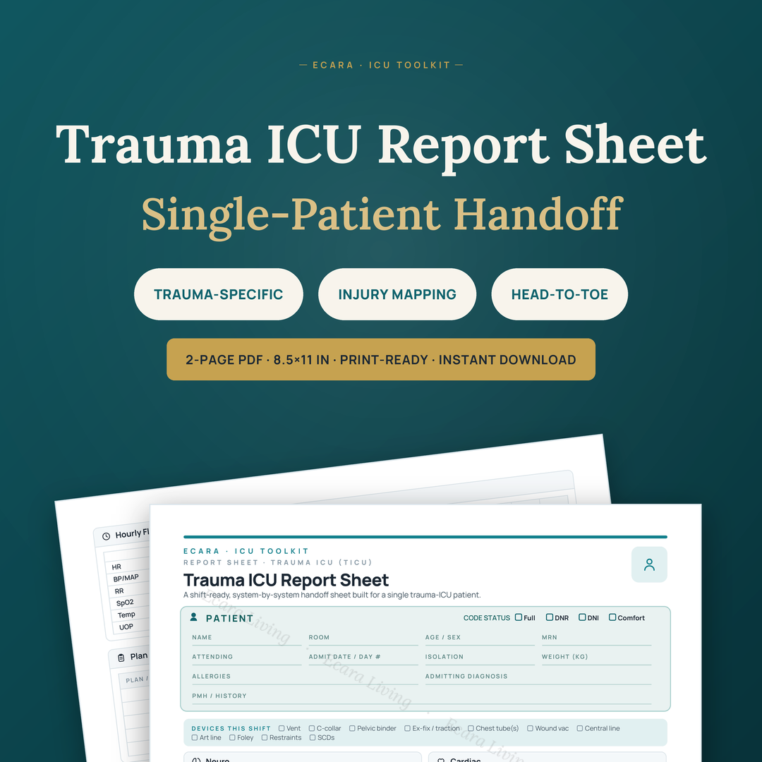 Trauma ICU Report Sheet — Single Patient | Nurse Brain Sheet Printable PDF