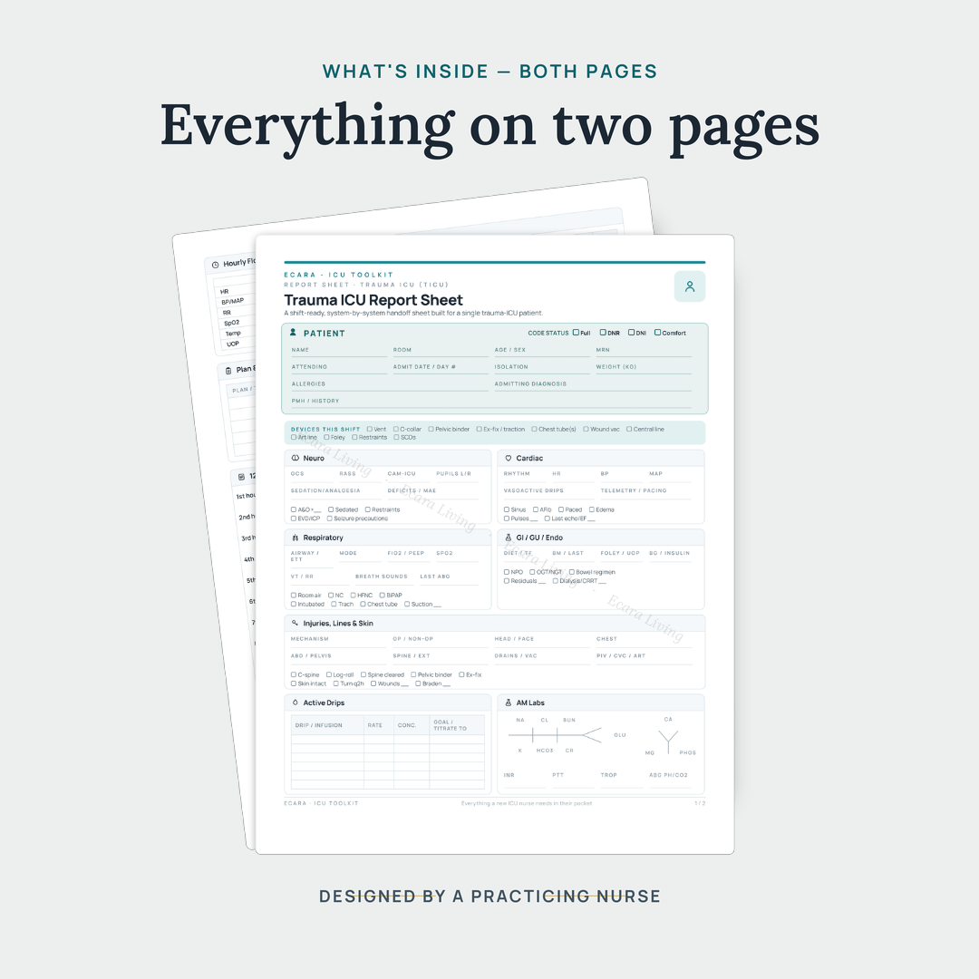 Trauma ICU Report Sheet — Single Patient | Nurse Brain Sheet Printable PDF