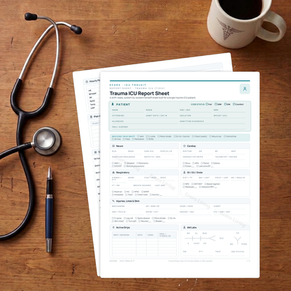 Trauma ICU Report Sheet — Single Patient | Nurse Brain Sheet Printable PDF
