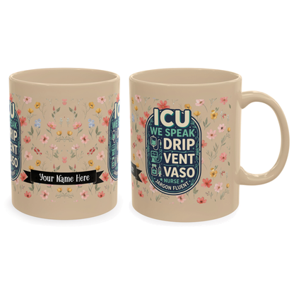 Personalized ICU Nurse Mug, Custom Name Floral Coffee Cup Gift