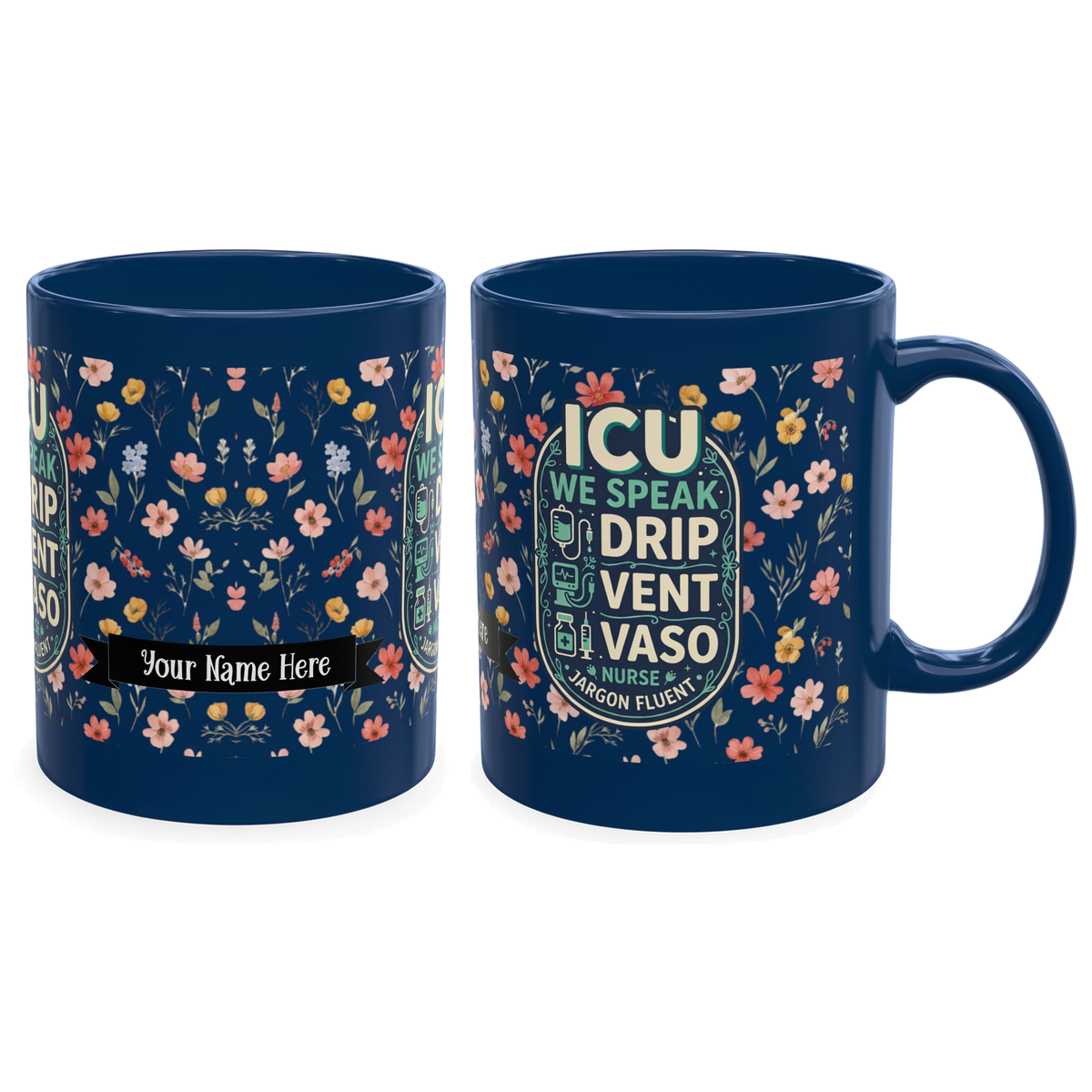 Personalized ICU Nurse Mug, Custom Name Floral Coffee Cup Gift