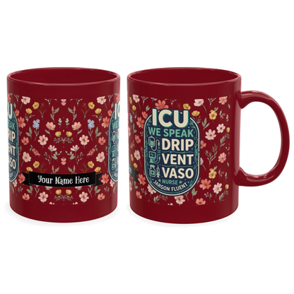 Personalized ICU Nurse Mug, Custom Name Floral Coffee Cup Gift