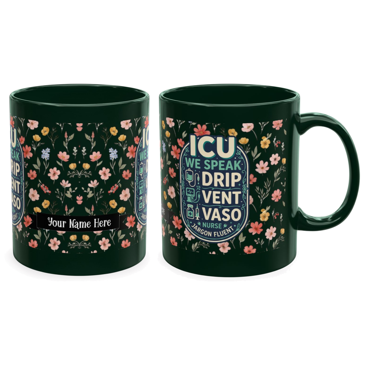 Personalized ICU Nurse Mug, Custom Name Floral Coffee Cup Gift